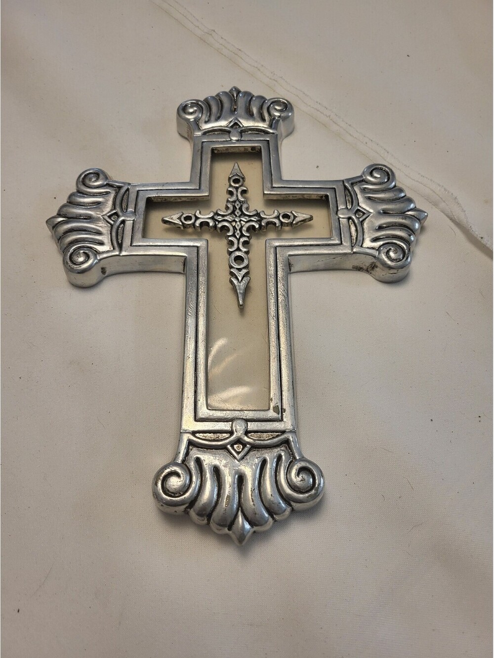 Decorative Silver-Tone 10x8" Wall Cross with Ornate Design